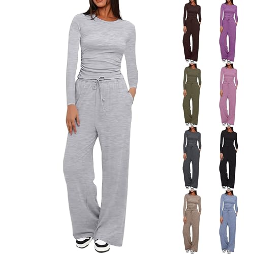 Lounge Wear Sets for Women UK Long Sleeve Round Neck Plain Tracksuits Two Piece Outfit Fitted Tops Wide Leg Pants Casual Homewear Soft Loungewear
