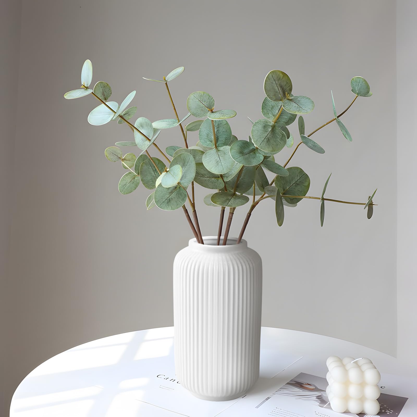 XunHe Tall 8 Inch White Ceramic Ribbed Vases, Flower Vase Modern Home Decor, Decorative Flowers Vase for Wedding Dinner Table Office Bedroom, Home Decoration for Fresh Flowers, Dried Flowers