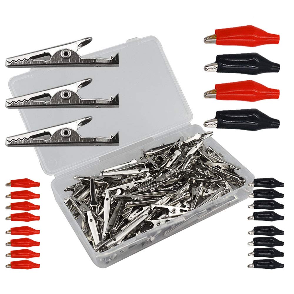 Senven Tester 60Pcs Crocodile Clip, Metal Insulation Clip Battery Alligator Clip Clamps for Electrician Work, Tool for Electrical or Laboratory Testing, 1.3g, Black, Red, Silver