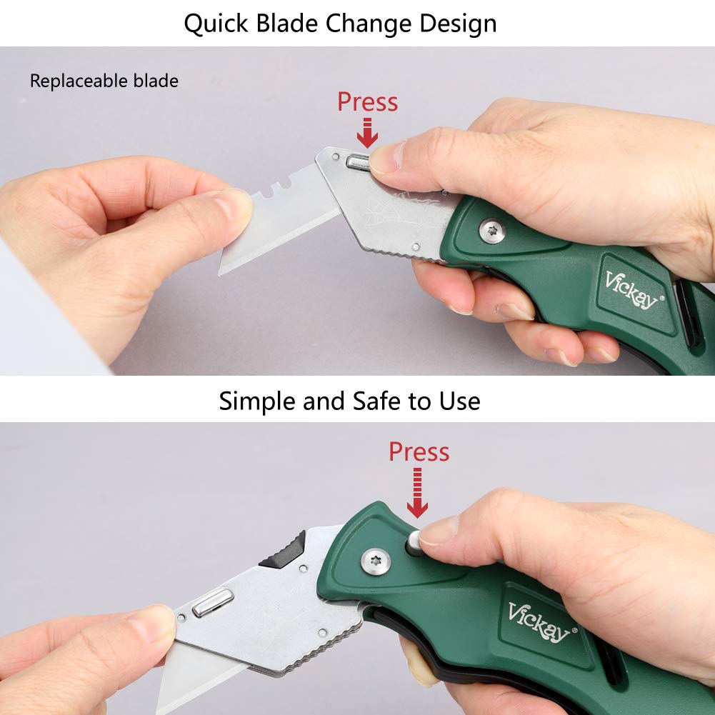 Folding Pocket Utility Knife - Quick Change SK5 Blades, Heavy Duty Box Cutter with Blades Compartment,Wires Stripping, 5 Positions Safe-Lock Design for Office, Home, Arts Crafts (Green)
