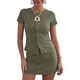 EXLURA Womens Summer 2 Piece Short Skirt Sets Cotton Short Sleeve Button Shirt Matching Tennis Skort Travel Vacation Outfits
