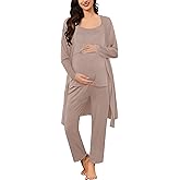 SWOMOG Maternity Nursing Robe Set 3 PCS Postpartum Pajamas Breastfeeding Pregnancy Robe & Camisole & Pants