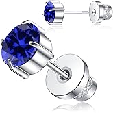 Titanium Screw Back Stud Earrings for Women Men, Hypoallergenic Double Side 5A Cubic Zirconia Flat Back Earrings Birthstone Stud Jewelry 6mm