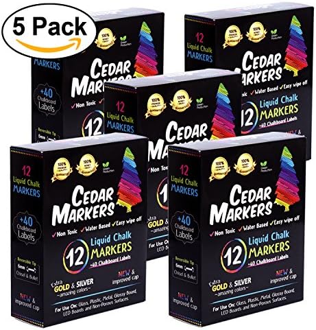 Cedar Markers Liquid Chalk Markers - 12 Pack With Free 40 Chalkboard Labels - Neon Color Pens Including Gold And Silver Ink. Reversible Bullet And Chisel Tip And A New Revolutionary Cap. (5 Pack)