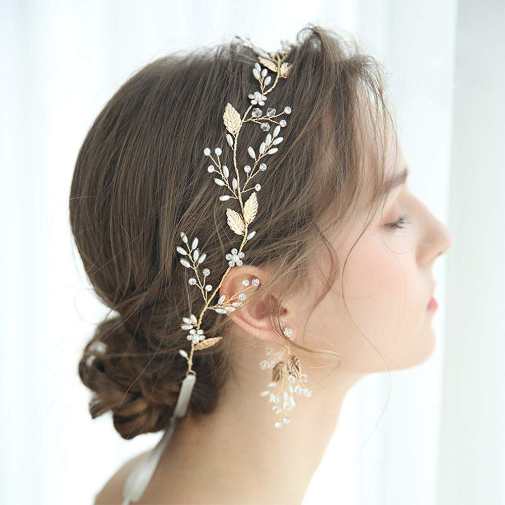 Anglacesmade Bridal Hair Vine Crystal and Pearl Headband Gold Leaf Headpiece for Bride Bridesmaid Handmade Hair Jewelry for Women and Girls