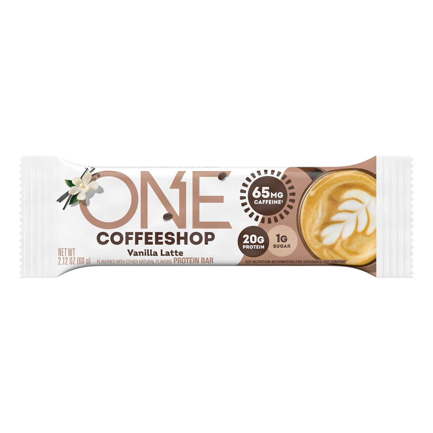 ONE Coffee Shop Caffeinated Protein Bars, Vanilla Latte, Gluten Free with 20g Protein and 65mg of Caffeine Energy, Pantry Staples, 2.12 oz (12 Count), Packaging May Vary