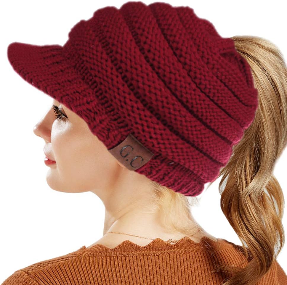 BeanieTail Warm Knit Messy High Bun Ponytail Visor Beanie Cap (Dark Red)