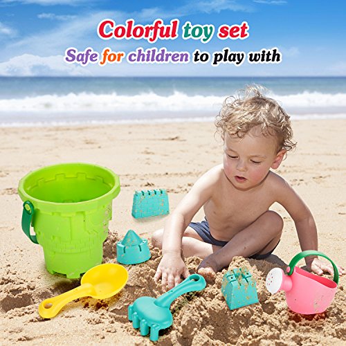 FITNATE Beach Toys Set Soft Plastic Pool Toy s/Bath Toys for Kids, Boys, Girls& Toddler, 10PCS with Mesh Bag , Bucket, Shovels, Rakes, Lots of Sand Molds (BPA Free)