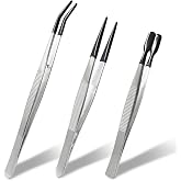 Zorveiio Rubber Tip Tweezers, 3Pcs PVC Coated Precision, Black | Long Straight Flat and Bent Tip, For Jewelry Making, Crafts, Stamps, Industrial Use