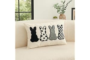 Jonhier Easter Bunny Lumbar Throw Pillow Cover, Black White Gray Neutral Rabbit Decorative Pillow Case for Bed Sofa Couch, Te
