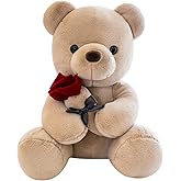 Ruzucoda Plush Teddy Bear with Rose Stuffed Animals Toys Dolls Valentine's Day Gifts for Girls Girlfriend Lover 9 Inches (Brown)