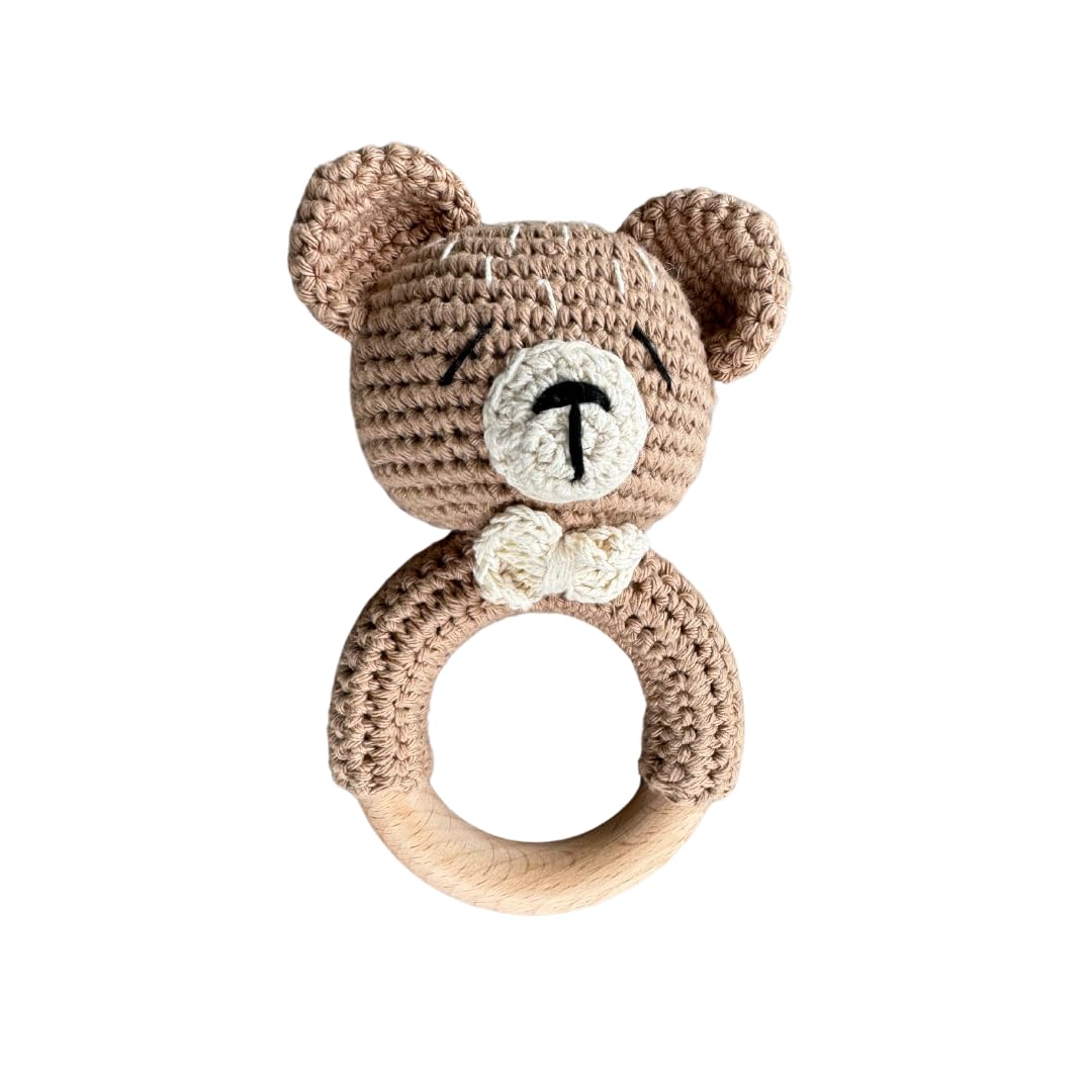 Baby J's - Teddy Rattle - Newborn Sensory Toys - Made from Natural Beach Wood and Soft Crochet Wool - Perfect for Little Hands to Hold - Suitable from 3 Months Old