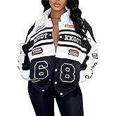 KANSOON Varsity Jacket Women Motorcycle Racer Detachable Letter Graphic Jackets Vintage Color Block Baseball Coat