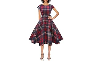 PUKAVT Women's 1950 Boatneck Cap Sleeve Vintage Swing Cocktail Party Dress with Pockets