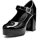 Coutgo Womens' T-Strap Round Toe Chunky Platform Heels Patent Mary Jane Dress Shoes