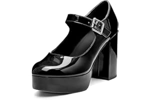 Coutgo Womens' T-Strap Round Toe Chunky Platform Heels Patent Mary Jane Dress Shoes