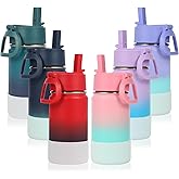 Volhoply 14oz KIds Water Bottle with Straw Lid and Silicone Boot Bulk 6 Pack,Stainless Steel Insulated Cups for Boys & Girls Multipack,Double Wall Vacuum Leakproof Bottles(Assorted,6)