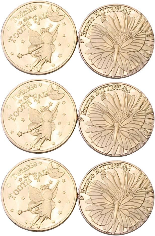 Exttlliy Zinc Alloy Tooth Fairy Gold Coin Baby Reward Golden Coins Special Fairy Money Experience for Lost Tooth Kids (Front Tooth Fairy Opposite Butterfly)