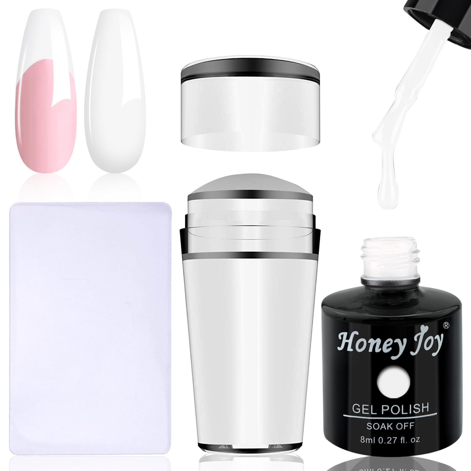 French Clear Silicone Jelly Nail Art Stamper with 8ml French White Gel Nail Polish Kit For Manicure Plate Stamp Polish Stencil Template Seal Stamper Scraper,HJ-NAT074-Gel-Set