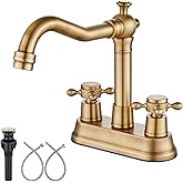 Aolemi 4 Inch Centerset Bathroom Sink Faucet Vintage 2 Cross Handles RV Mixer Tap Basin Vanity Lavatory Utility for Sink 3 Hole Include Water Hose Pop Up Drain with Metal Cover Antique Brass