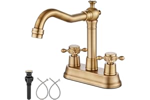 Aolemi 4 Inch Centerset Bathroom Sink Faucet Vintage 2 Cross Handles RV Mixer Tap Basin Vanity Lavatory Utility for Sink 3 Hole Include Water Hose Pop Up Drain with Metal Cover Antique Brass