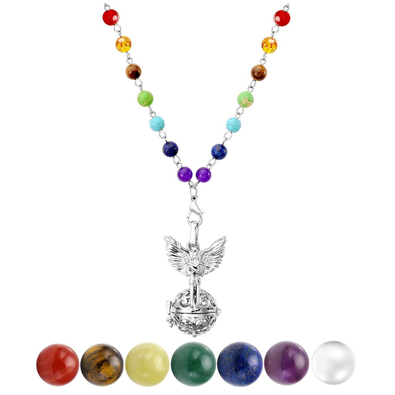 JOVIVI Engelrufer Anhänger Set,Verkündigung Engel Käfig Locket Anhänger 7x Ø 16mm Steinkugeln mit 7 Chakra Halskette