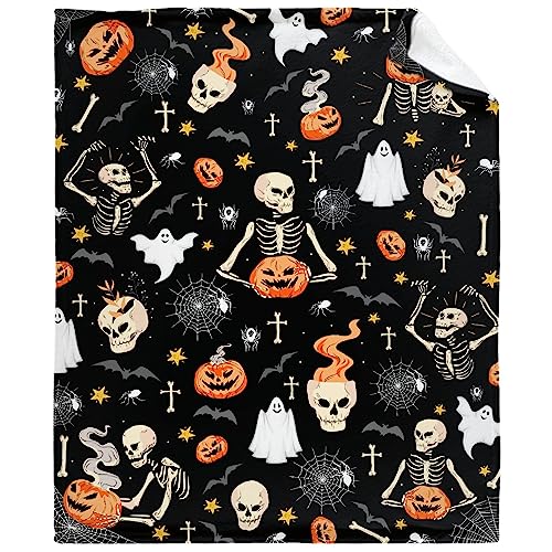 Hojizaio Halloween Blanket Black Ghost Spooky Spider Fall Blanket for Children Women Men Candy Skull Pumpkin Bat Webs Halloween Blanket Decorations for Couch，Bed，Living Room 30