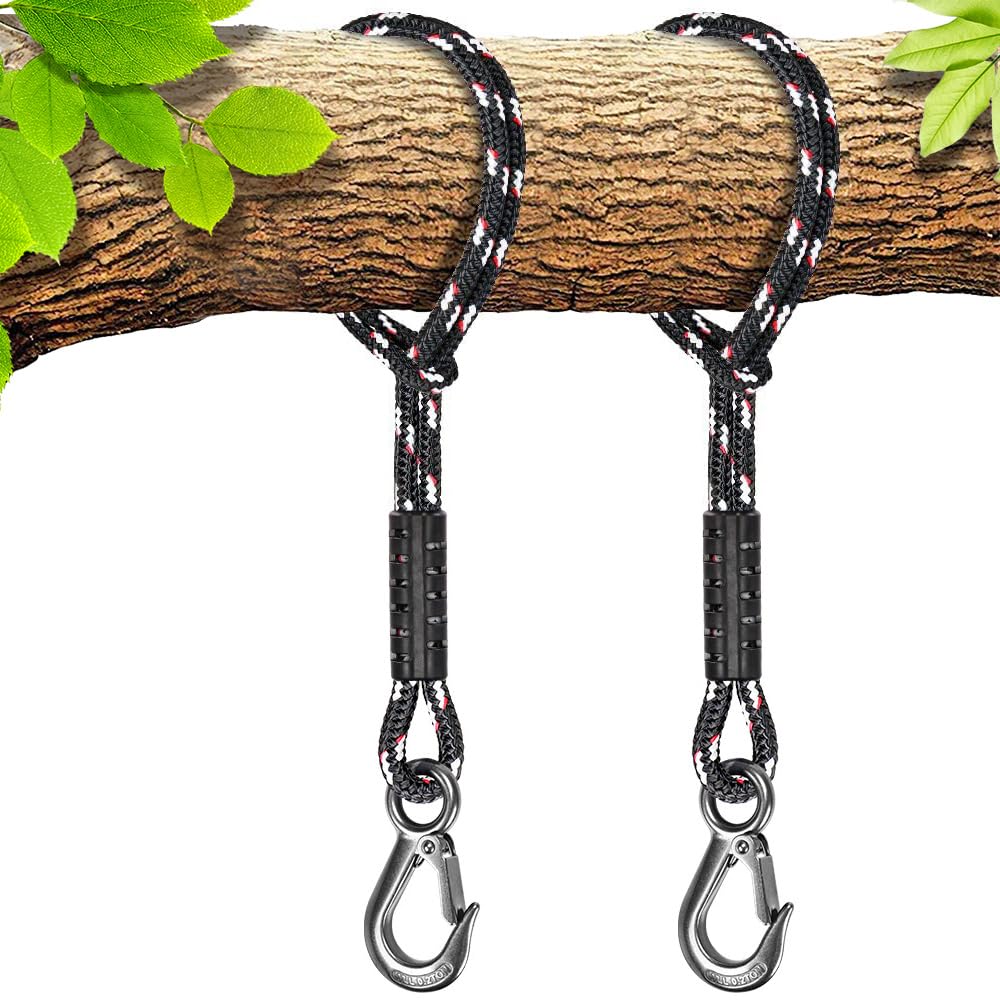 BeneLabel 2pcs Tree Swing Rope, 150cm Hammock Strap Hanging Kit Beam Polyester Extension String (400lbs) with Hook for Hammock Chair Playground Set, up to 2500lbs, 10mm Diameter, Black