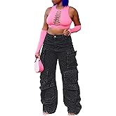 LKOUS Women's Y2K Baggy Straight Wide Leg Cargo Jeans, Streetwear High Waisted Denim Pant