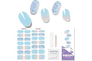 DUKASOU Semi Cured Gel Nail Strips, Summer Blue | 28 pcs Gel Nail Strips Work with Any UV Lamp, Salon Quality UV Nails Stickers, Easy to Apply for Home Nails DIY