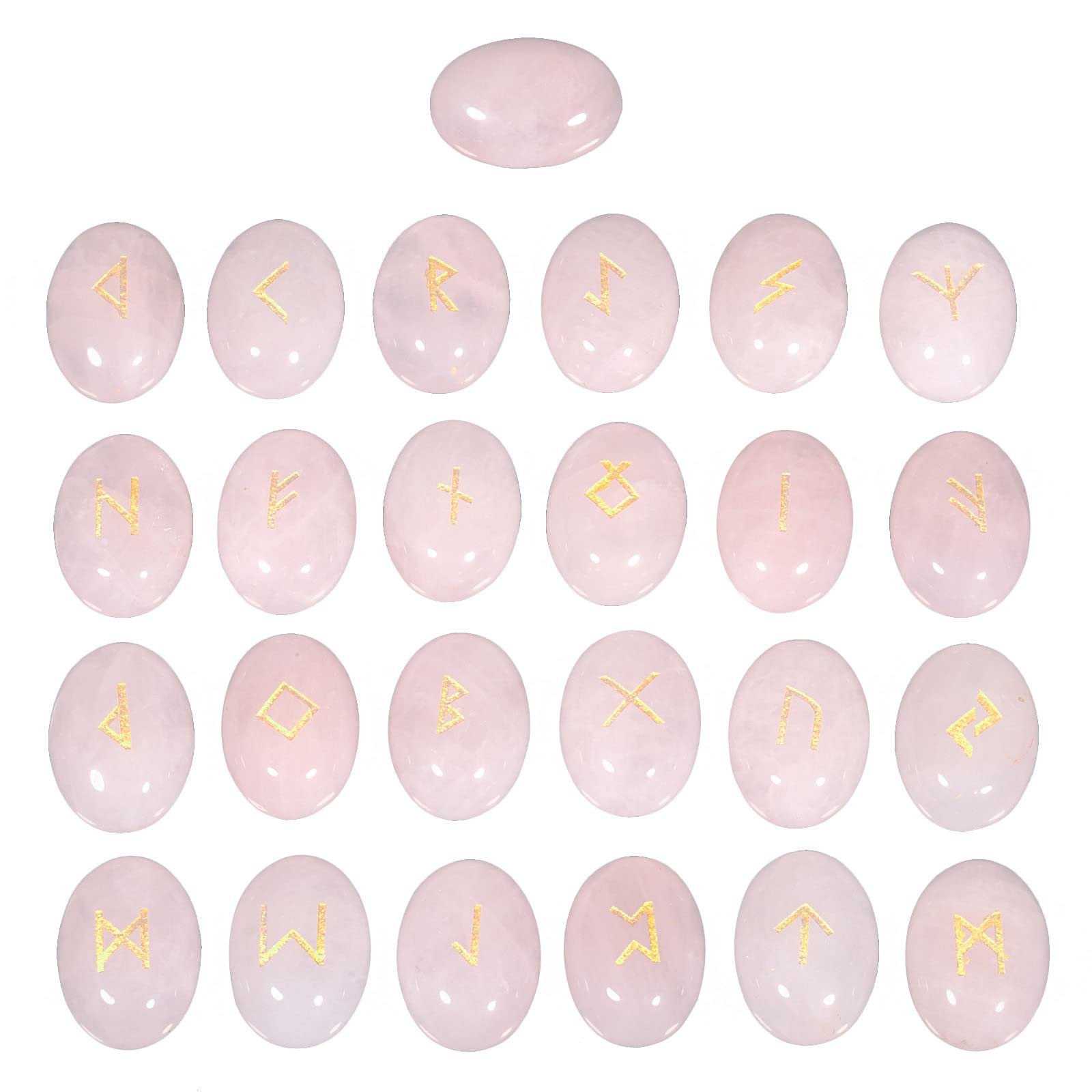 mookaitedecor Rose Quartz Rune Stones Set of 25, Engraved Elder Futhark Alphabet Symbol Cabochon Carved Runes Stones for Divination Wicca Supplies