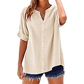 Tatumaie Spring Linen Tops for Women 2026 Summer Button Down V Neck Short Sleeve Blouses Casual Outfits Vacation Clothes
