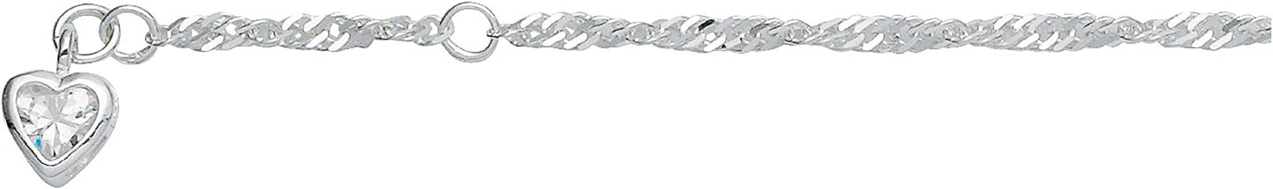 Sterling Silver anklet with singapore design, Bracelet, foot ankle jewelry, heart with zirconia, ankle chain, carabiner closure, 25 cm