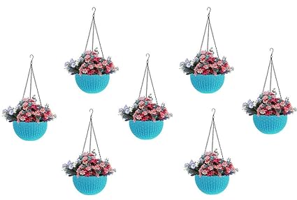 Altino Round Rattan Plastic Hanging Planters/Beautiful Hanging Flower Pots for Garden Patio Balcony (Light Blue) - Pack of 7 (5)