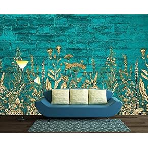 Large Wall Mural - Light Blue Flowers on Teal Color Brick Wall Background | Self-Adhesive Vinyl Wallpaper/Removable Modern Wall Decor - 66x96 inches