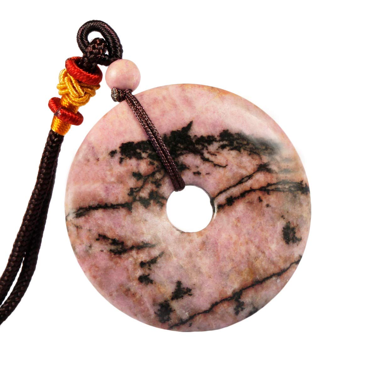 mookaitedecor Rhodonite Donut Stone Pendant Necklace for Men Women, Healing Crystal Lucky Coin Necklace Gift, Reiki Chakra Round Semi Precious Stone Necklace with Adjustable Cord for Luck Protection