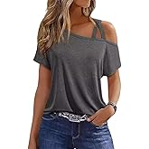 VKEGNIO Criss-Cross One Shoulder Tops Sexy Cold Shoulder Shirts Summer Short Sleeve T-Shirts Vacation Loose Casual Tees