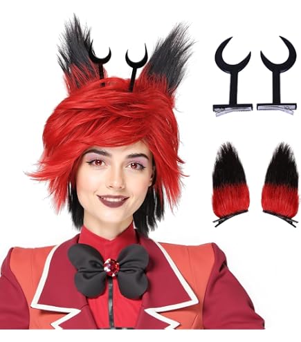 Hazbin Vaggie Cosplay Set – Rote Haarschleifen + Kreuz-Haarspange + Schwarzer Choker