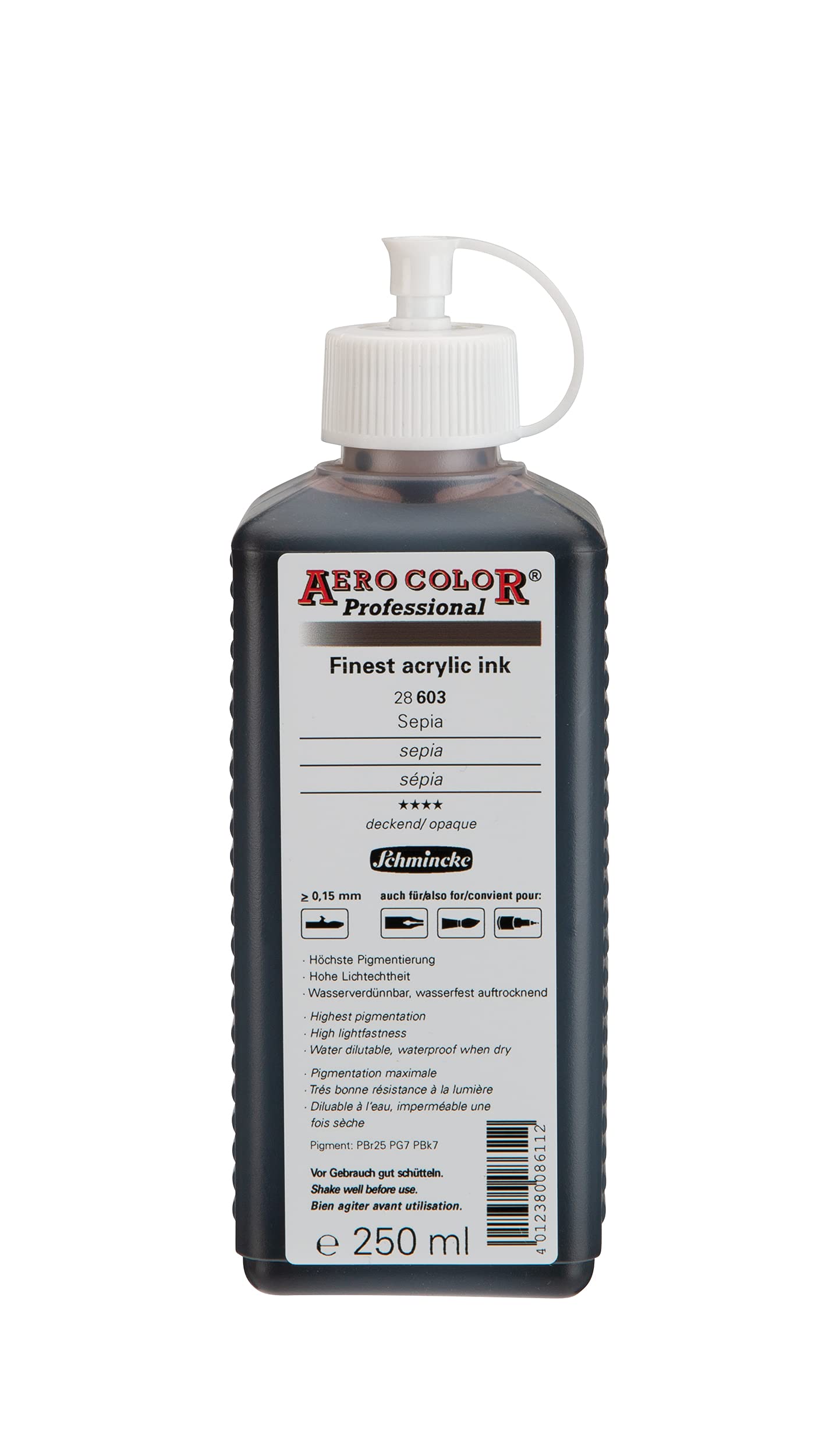 Schmincke - AERO COLOR® Professional, Sepia 250 ml, 28603027, highly liquid, highly brilliant acrylic colour for acrylic painting, airbrush, mixed media, acrylic ink