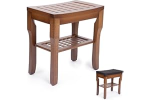 StrongTek Bamboo Shower Bench Seat with Soft Cushion, Footrest Shaving Stool with Storage Shelf, Non-Slip, Ideal for Spa Bath