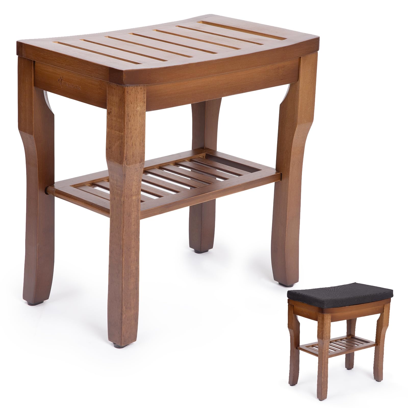 Photo 1 of StrongTek Bamboo Shower Bench Seat with Cushion, Shower Stool with Storage Shelf, Lightweight, Non-Slip, Quick-Drain Design, 350 lbs Capacity, Ideal for Bathroom, Spa, Sauna, Living Room