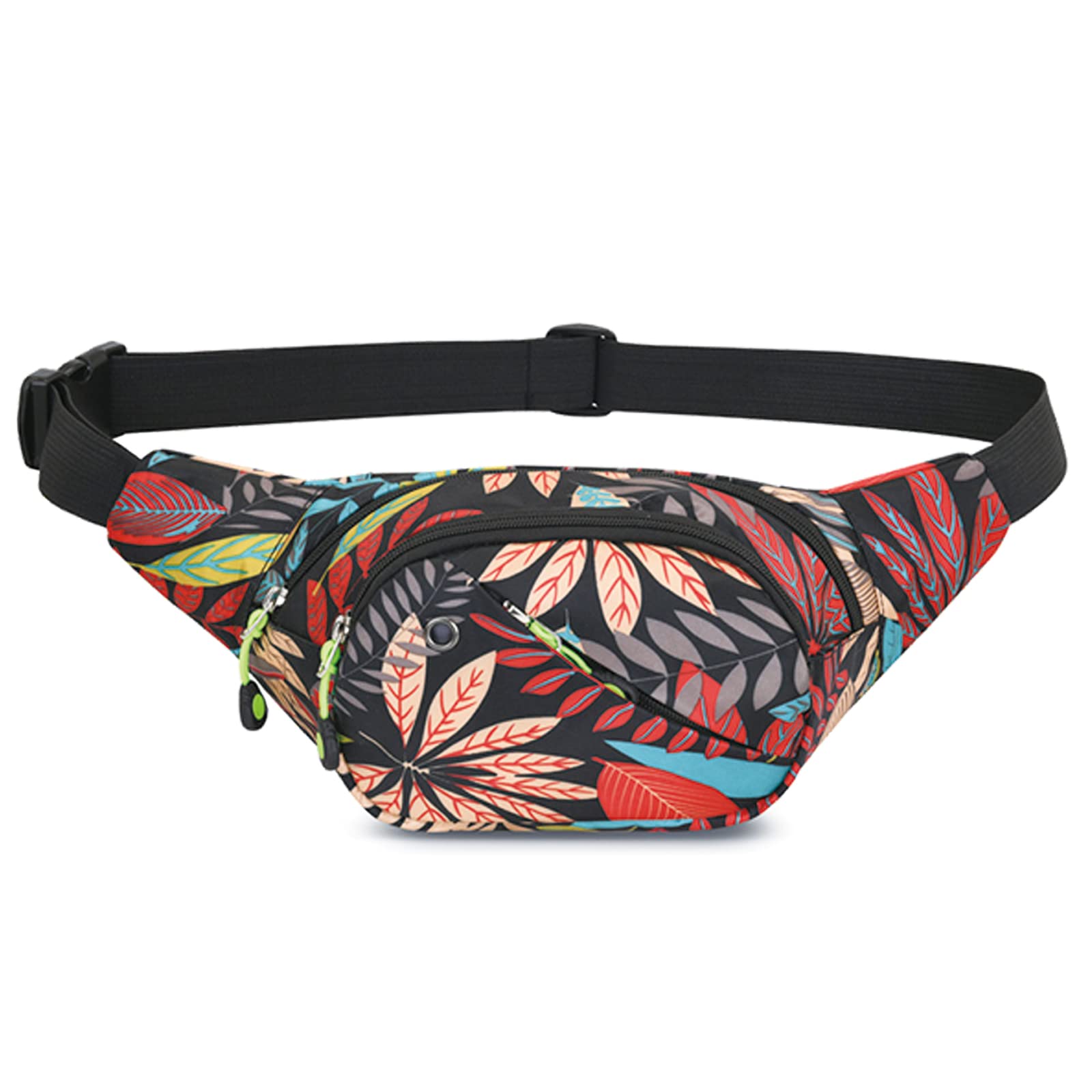 Bum Bag Waist Fanny Pack - Long Keeper Large Fashion Bumbag for Women Men, 4 Pockets Adjustable Waist Bag for Running Hiking Dog Walking Outdoor Black Red Leaf Pattern