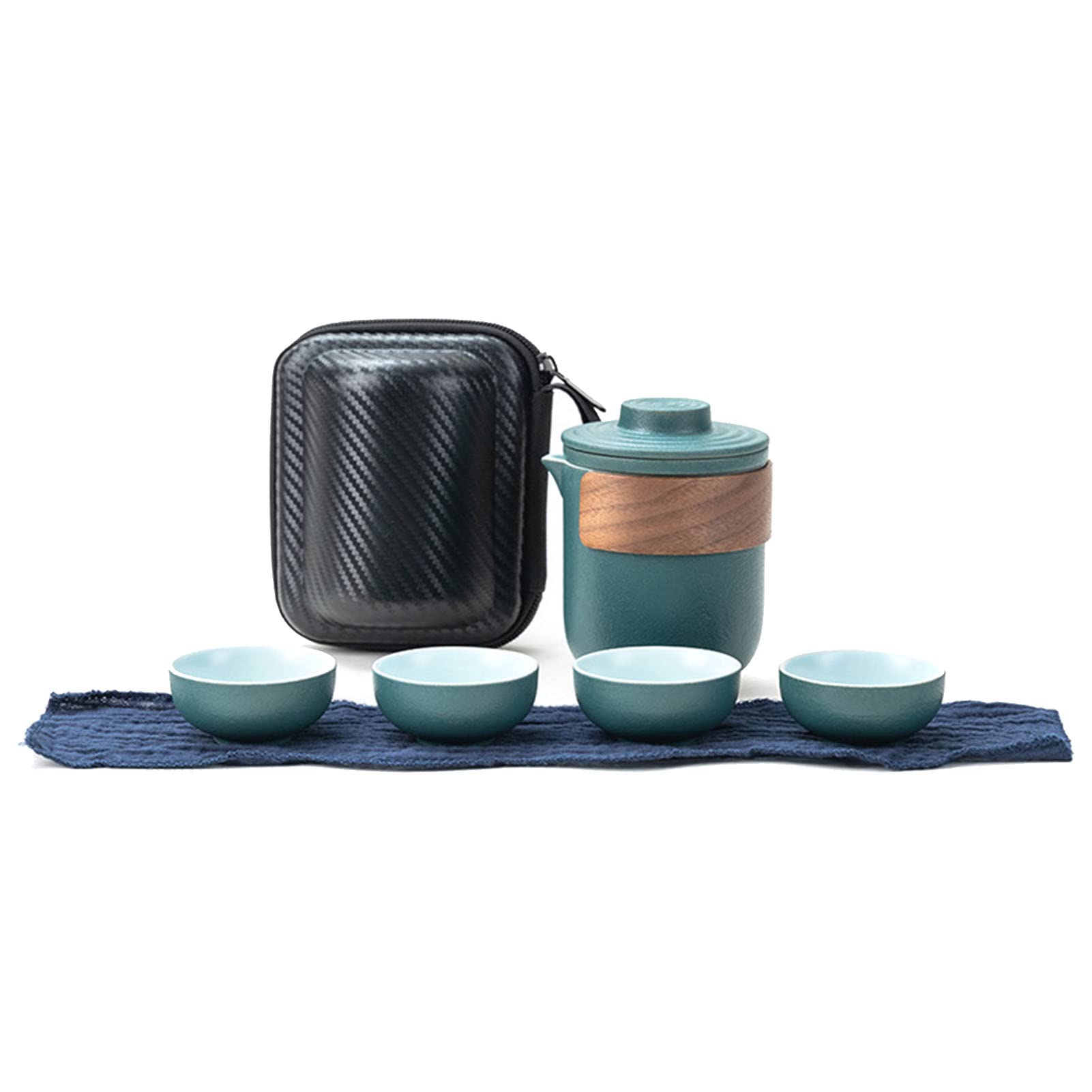 Travel Tea Set, High Temperature Resistant Eagle Spout Ceramic Portable Small Teapot Cup with Storage Bag for Outdoor (Green Pot with 4 Cups)