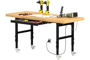 Pelnuies Solid Wood 60" Work Bench with Wheels, Heavy-Duty Workbench with Drawers, Adjustable Height Work Table with Power Outlets, 2000 LBS Capacity Workstation for Garage, Workshop(60" X 24")