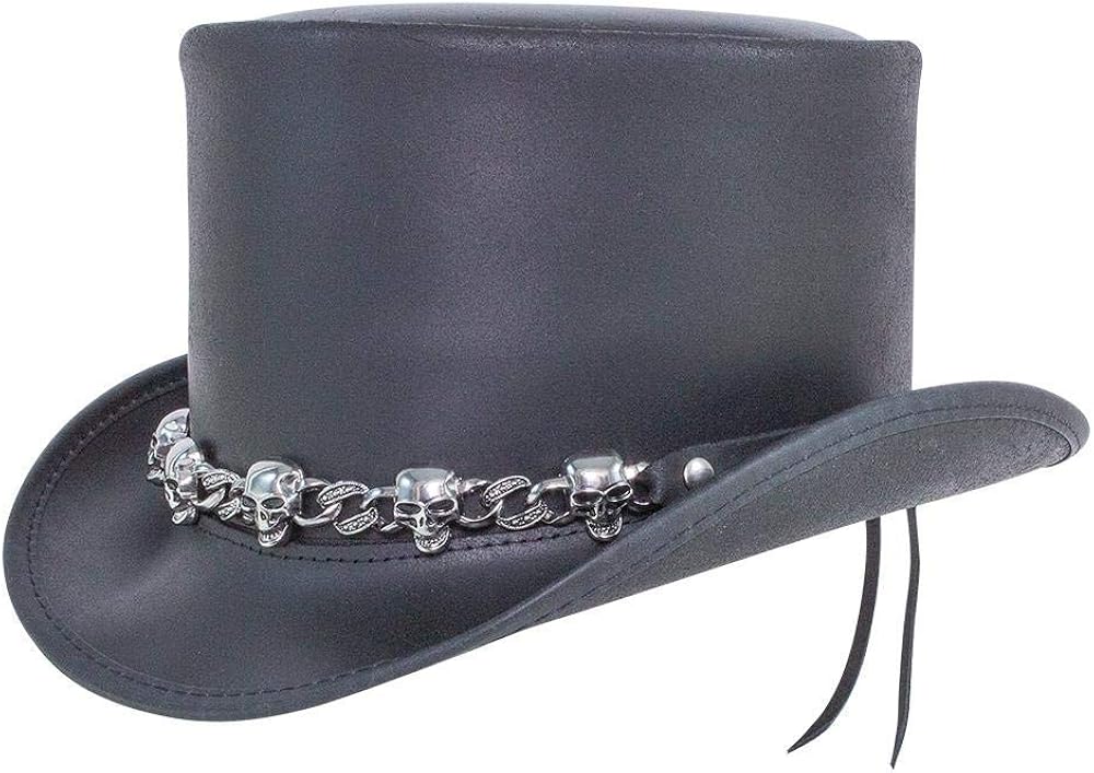 Voodoo Hatter El Dorado5 Skull Band Black Leather Top Hat at Amazon