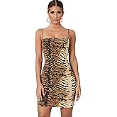 Women’s Sleeveless Halter Mini Dress Animal Print Slim Fit Cocktail Party Club Bodycon Dresses for Summer Date Music Festival