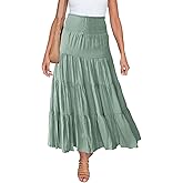 HAEOF Women's Summer Flowy Boho Maxi Skirt Trendy Smocked Waist Ruffle Tiered A Line Casual Beach Long Skirts Midi Dress