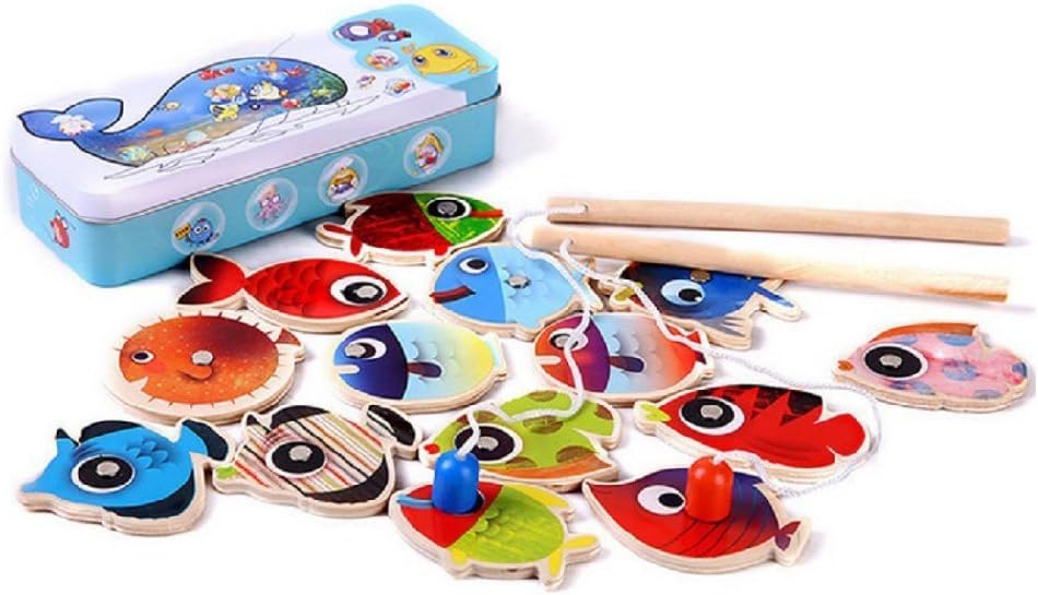 Audbrave Wooden Fishing Game Toys Set for Toddlers Children Wooden Magnetic Puzzle Board with Kids Play Magnetic Fishing Rods Pole Activity Game Kits Mesh (14 fish and 2 Poles)