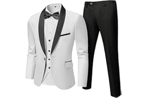 Hihawk Mens 3 Piece Tuxedo Set with Bow Tie, One Button Shawl Lapel Jacket Vest Pants, Slim Fit Suit Party Wedding Prom Tux
