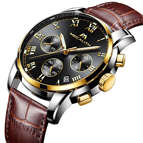 Mens Watches Gents Chronograph Waterproof Sports Date Luxury Analogue Brown Leather Strap Wrist Watch